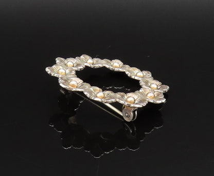 FROM DENMARK 925 Sterling Silver Vintage Fancy Flower Wreath Brooch Pin BP9805