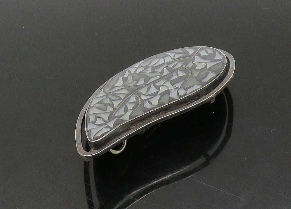 ISRAEL 925 Silver  Vintage Mother Of Pearl Mosaic Leaf Brooch Pin  BP8995