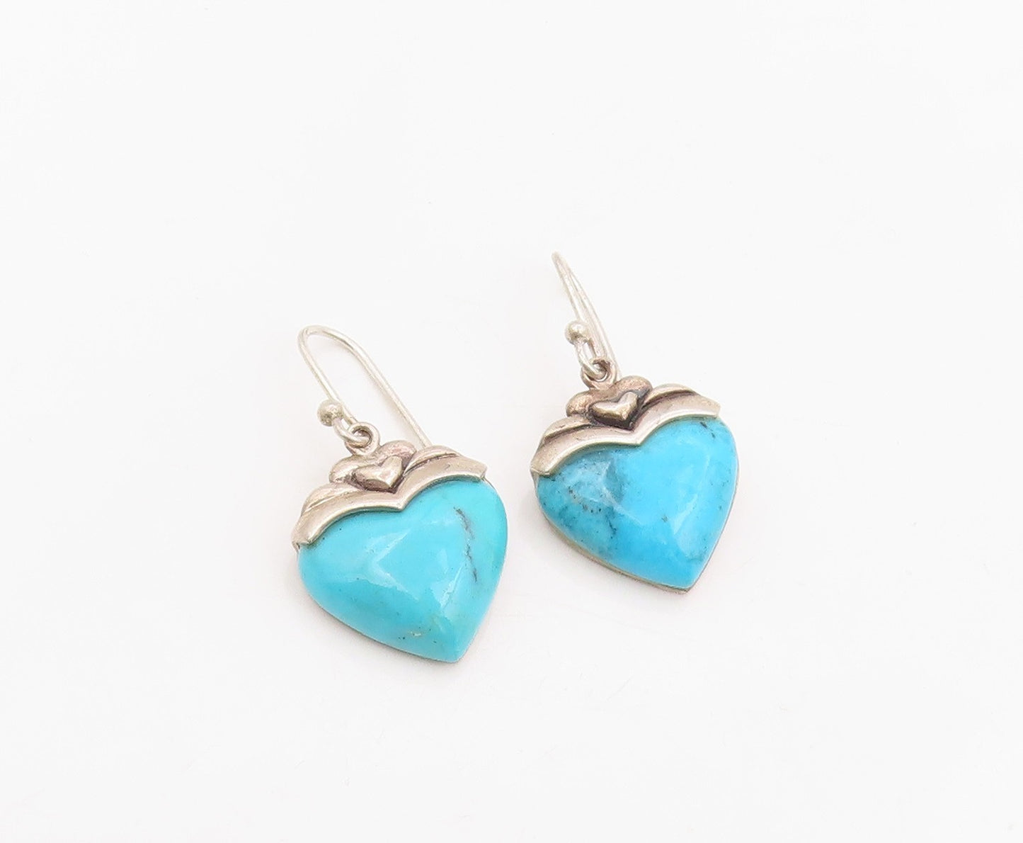 925 Sterling Silver Vintage Earrings Cabochon Turquoise Love Heart Drop  EG14132
