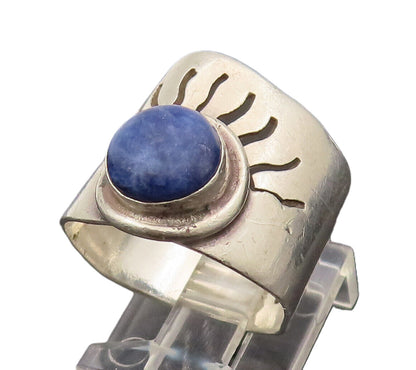 925 Silver  Vintage Sodalite Eye & Eyelashes Cutout Ring Sz 6.5  RG26377
