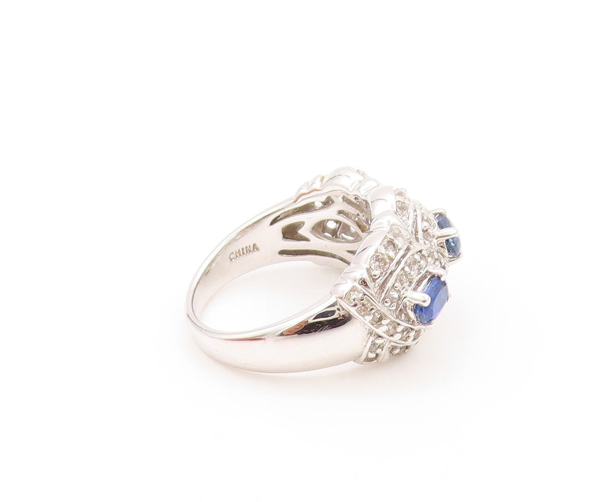 925 Sterling Silver Vintage Ring Oval Sapphire Halo Topaz Bands  Sz 6  RG32902