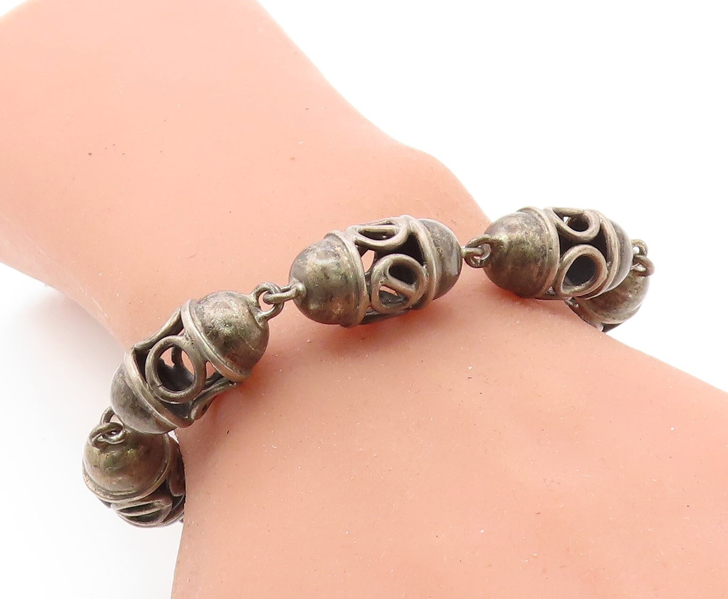 MEXICO 925 Sterling Silver  Vintage Open Barrel Link Chain Bracelet  BT2736