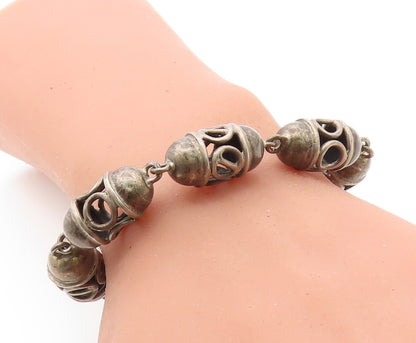 MEXICO 925 Sterling Silver  Vintage Open Barrel Link Chain Bracelet  BT2736