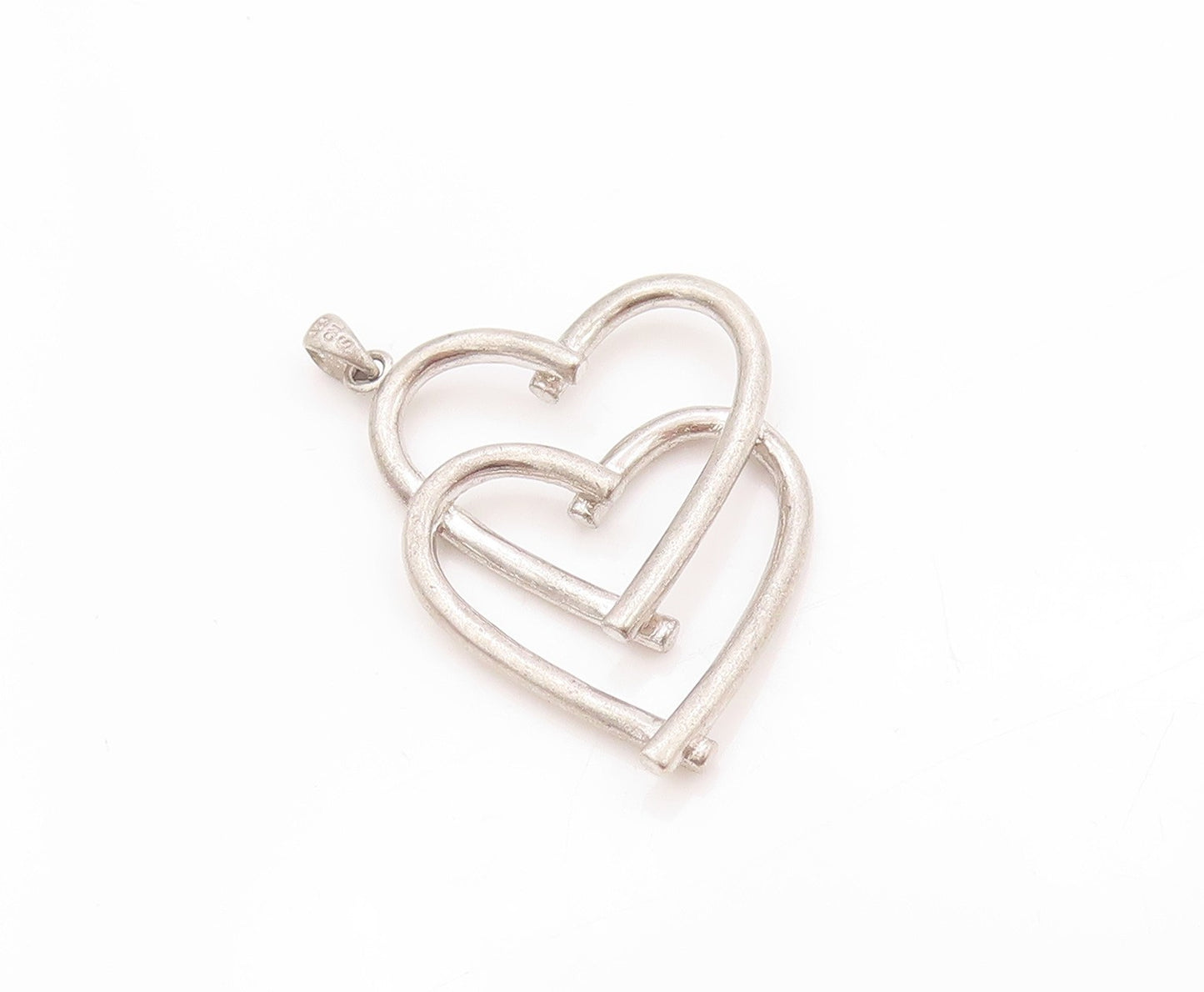 925 Sterling Silver Vintage Pendant Modernist CZ Inlay Double Hearts  PT24171