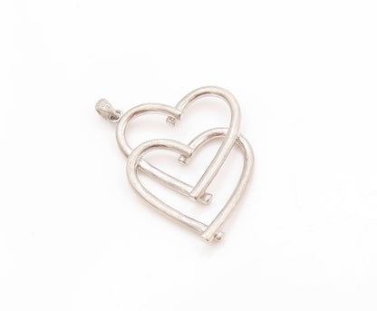 925 Sterling Silver Vintage Pendant Modernist CZ Inlay Double Hearts  PT24171