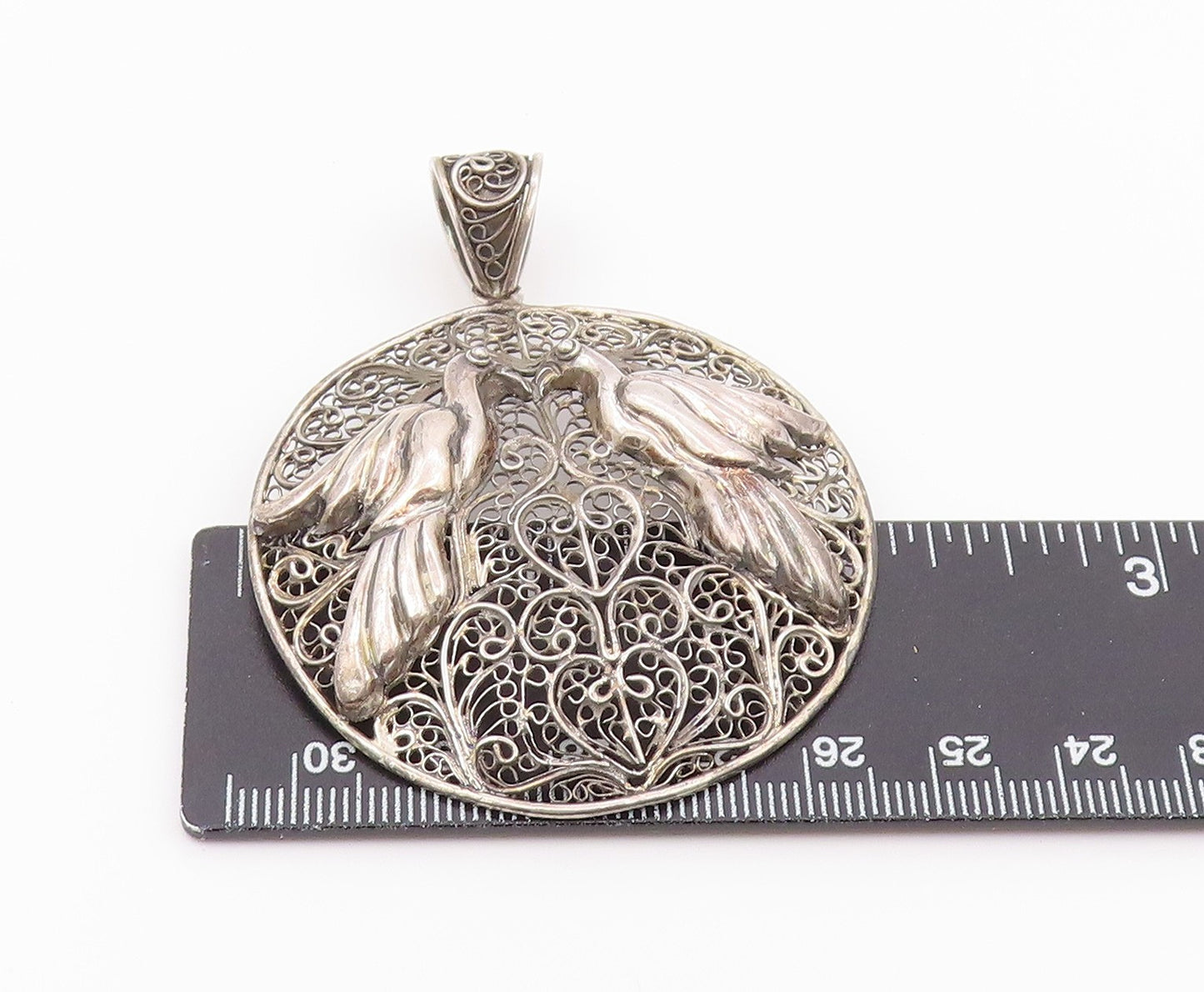 925 Sterling Silver Vintage Pendant Openwork Filigree Lovebirds Medal  PT26447