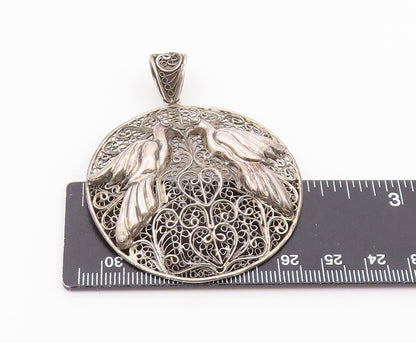925 Sterling Silver Vintage Pendant Openwork Filigree Lovebirds Medal  PT26447