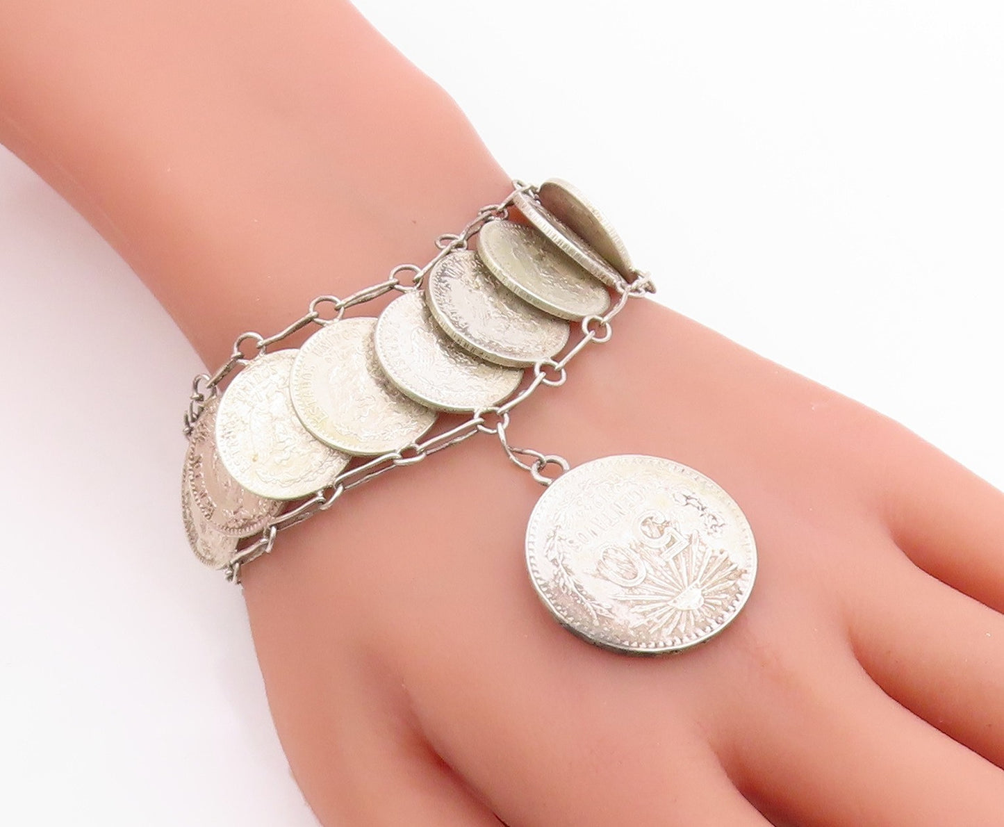 925 Sterling Silver Vintage Bracelet Modernist Mexican Peso Coin Link  BT12051