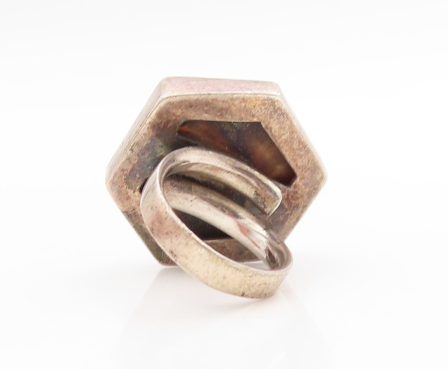 925 Sterling Silver Vintage Ring Mother Of Pearl Hexagonal Band  Sz 8  RG34083