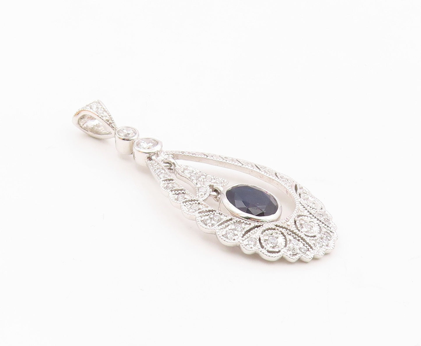 925 Silver  Vintage Stunning Sapphire & Cubic Zirconia Drop Pendant  PT21867