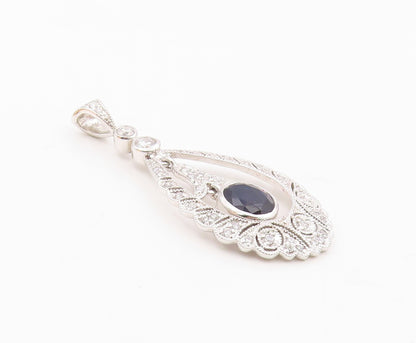 925 Silver  Vintage Stunning Sapphire & Cubic Zirconia Drop Pendant  PT21867