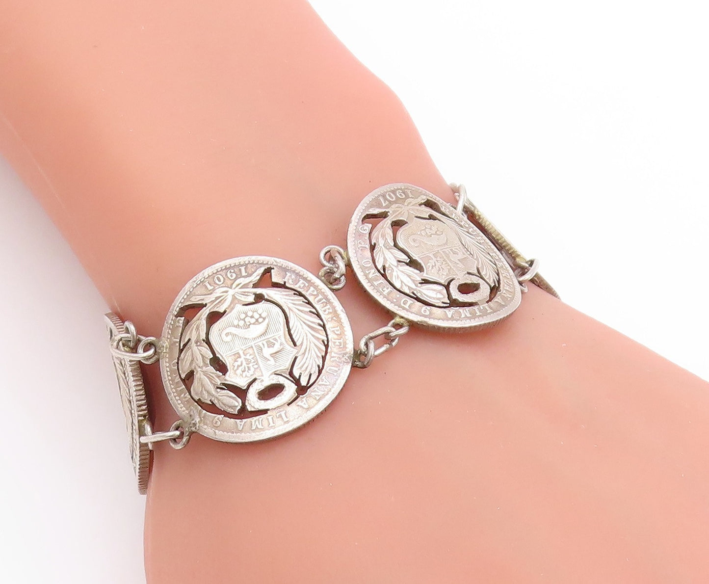 925 Sterling Silver Vintage Bracelet Antique Royal Peruana Coins   BT11264
