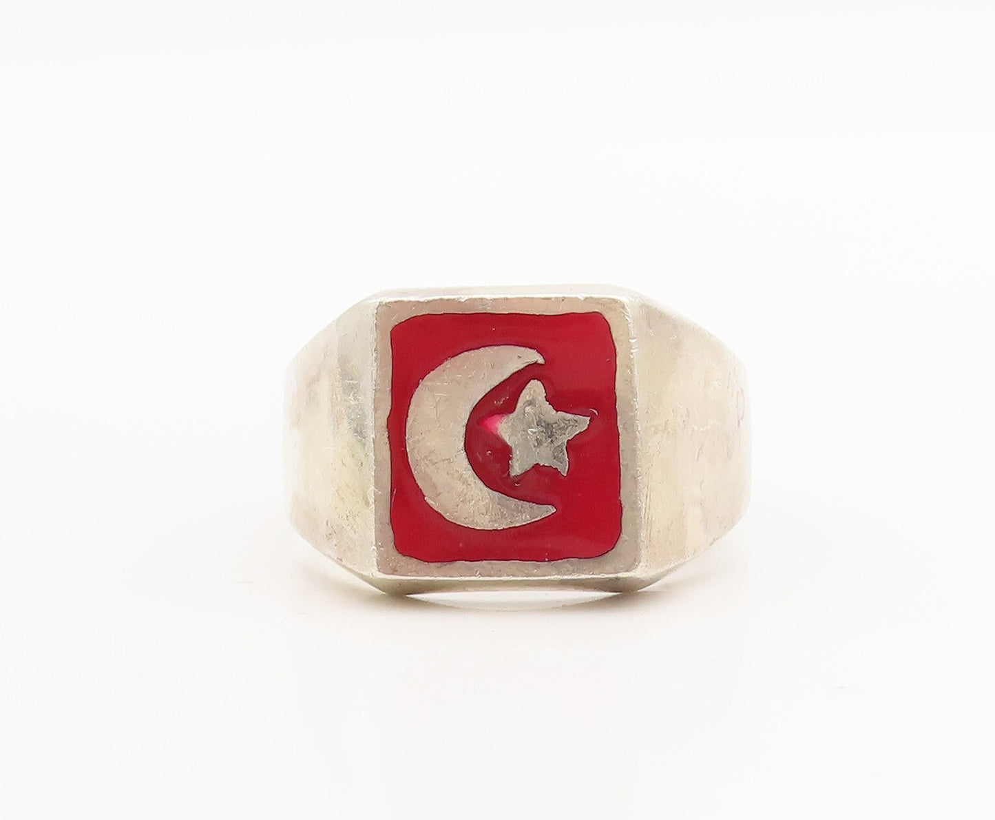 925 Sterling Silver Vintage Ring MEXICO Red Enameled Moon & Star  Sz 13  RG28997