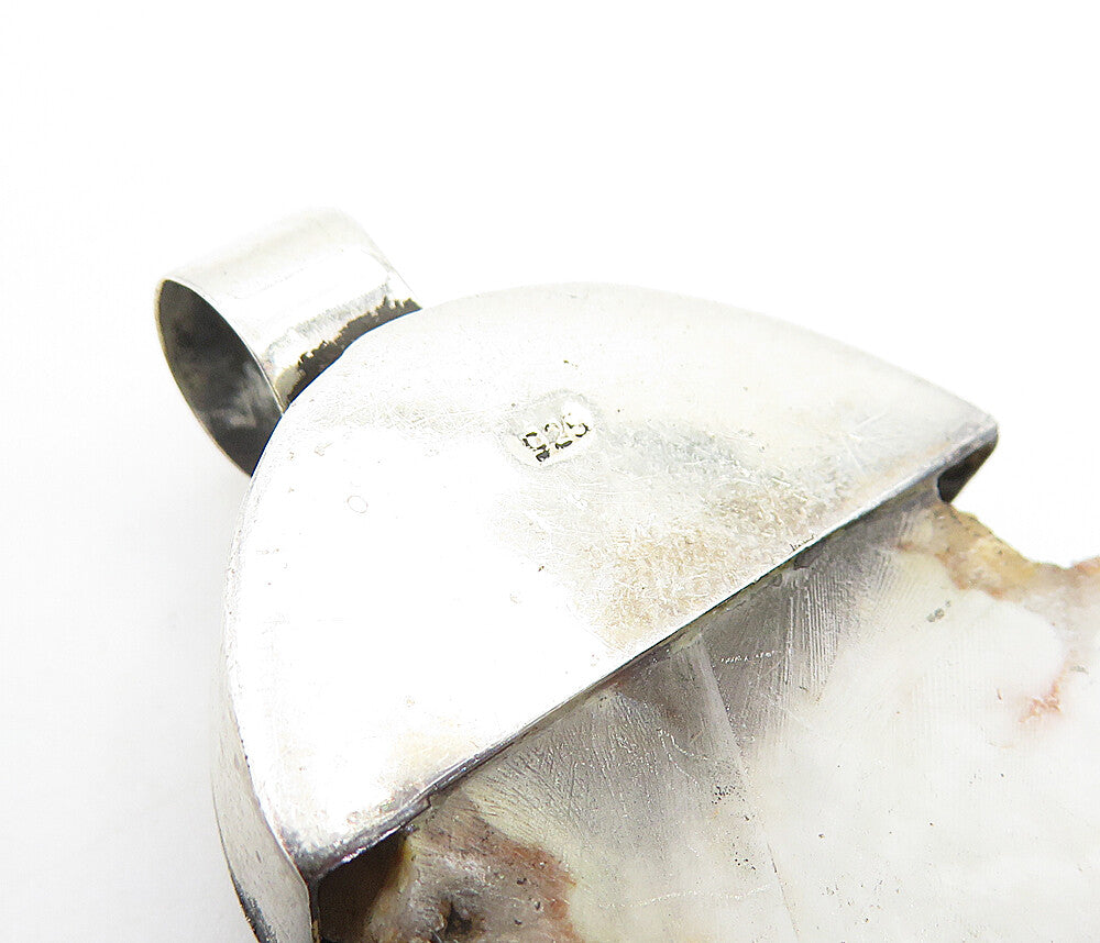 925 Sterling Silver  Vintage Brown & White Agate & Pearl Drop Pendant  PT5886