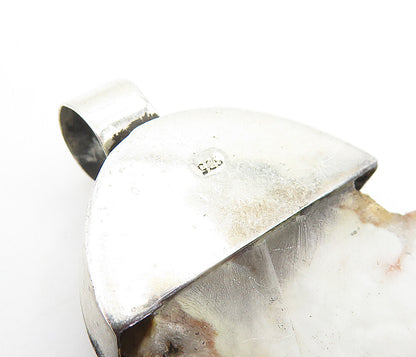 925 Sterling Silver  Vintage Brown & White Agate & Pearl Drop Pendant  PT5886