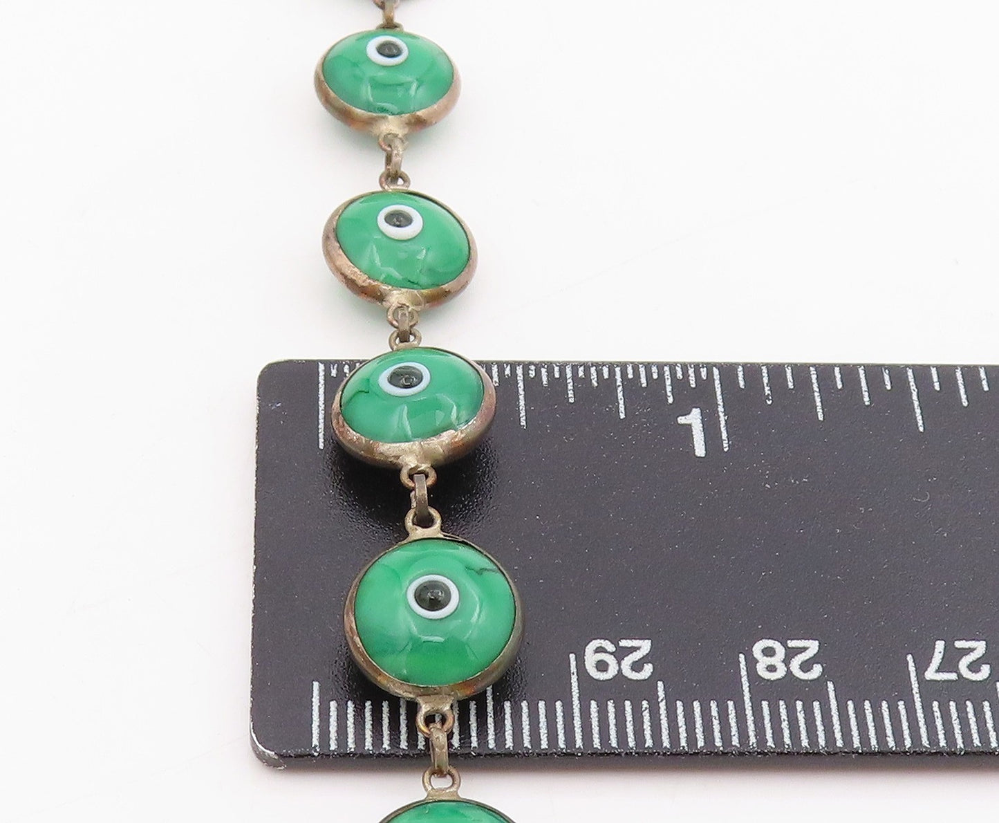 925 Sterling Silver Vintage Bracelet Green Evil Eye Design Link Chain  BT11556