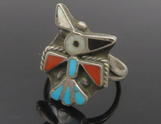 ZUNI 925 Sterling Silver  Vintage Turquoise & Onyx Bird Band Ring Sz 6 RG12050