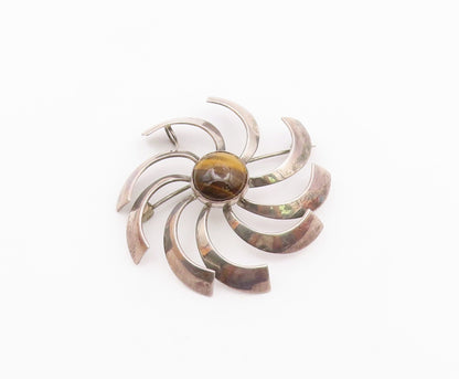 ISRAEL 925 Sterling Silver Vintage Tiger's Eye Spiral Fidget Brooch Pin BP9520