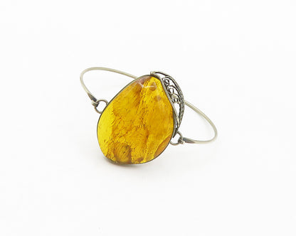 925 Sterling Silver  Vintage Amber Floral Leaf Hook Bangle Bracelet  BT6748