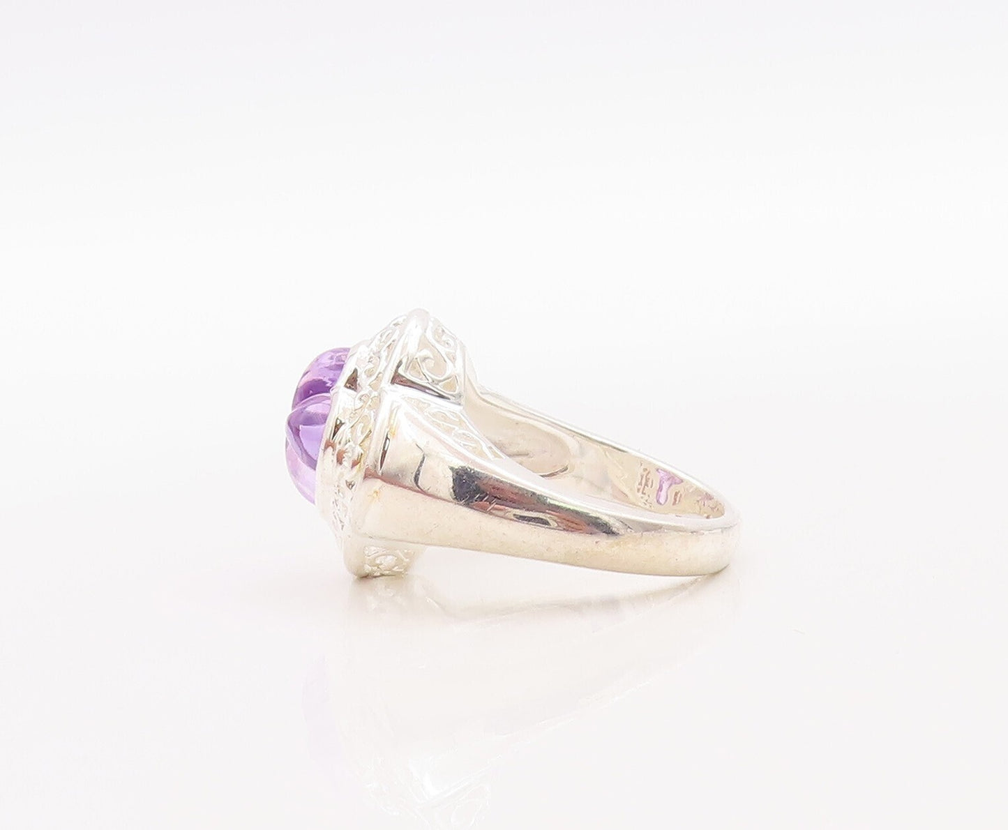 925 Sterling Silver Vintage Ring Swirly Carved Amethyst Flower  Sz 7  RG31424