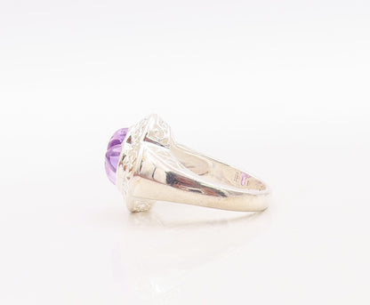 925 Sterling Silver Vintage Ring Swirly Carved Amethyst Flower  Sz 7  RG31424