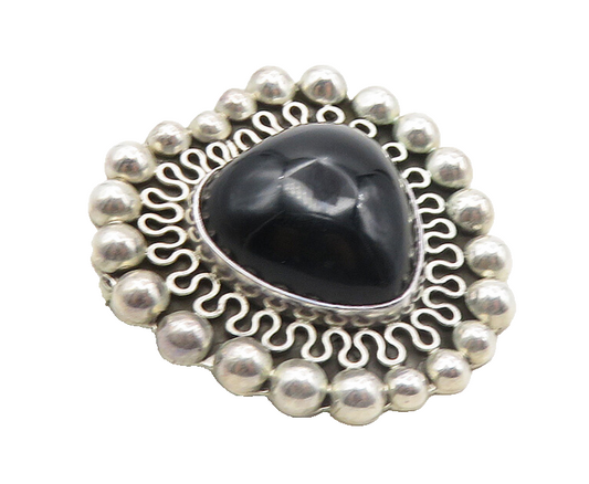 MEXICO 925 Sterling Silver  Vintage Black Onyx Love Heart Brooch Pin  BP3843