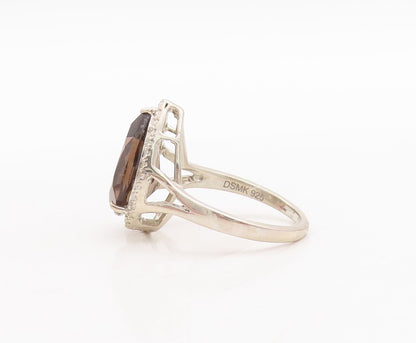 925 Sterling Silver Vintage Ring Drop Cut Smoky Quartz Halo CZ  Sz 7  RG29412