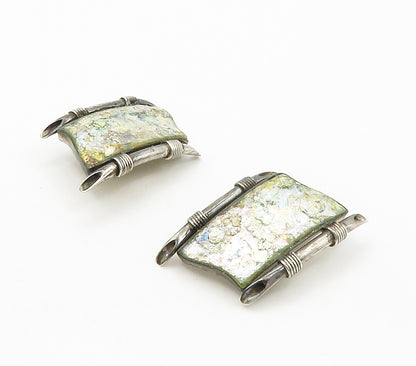 925 Sterling Silver  Vintage Roman Glass Modernist Non Pierce Earrings  EG7662