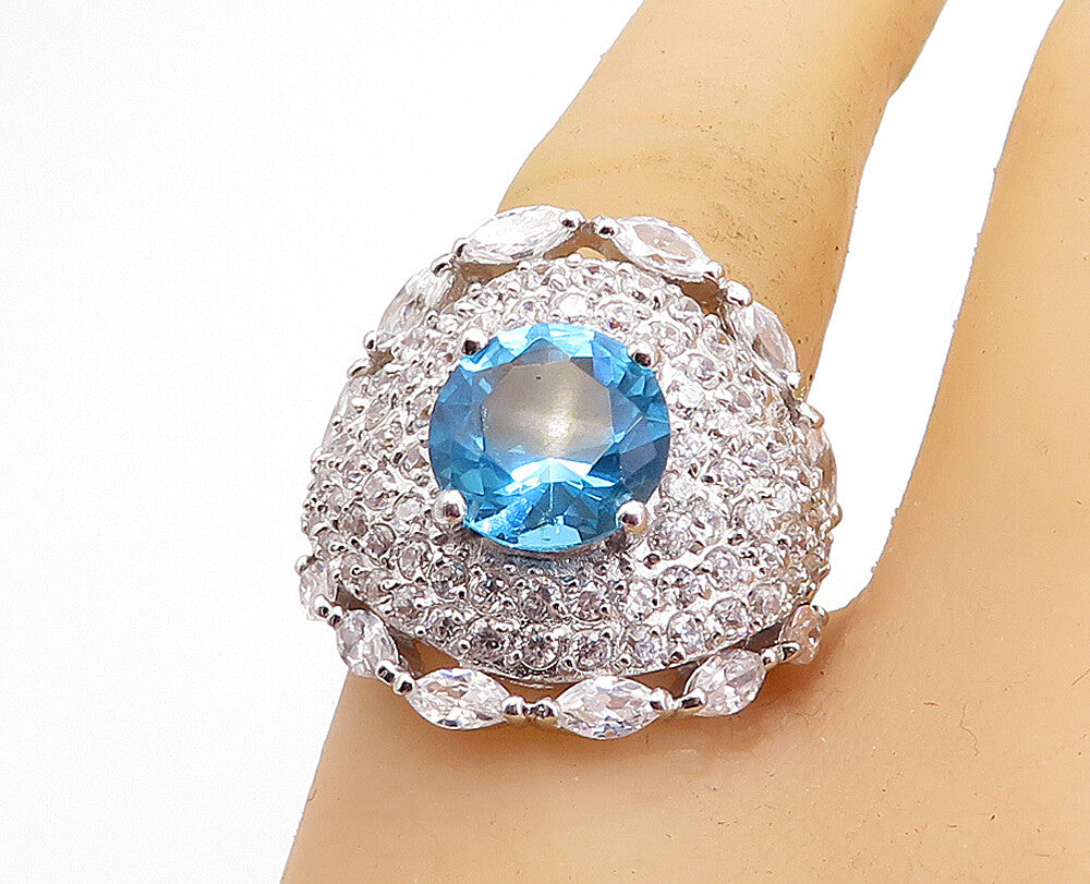 925 Sterling Silver  Blue Topaz & Cubic Zirconia Cocktail Ring Sz 8  RG4957