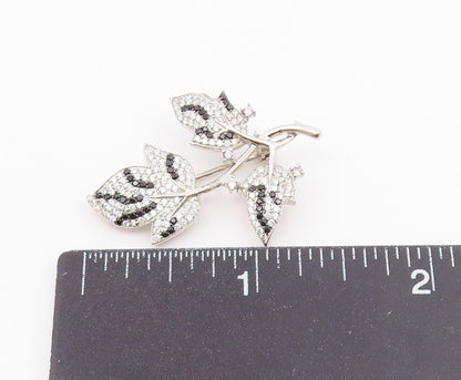 925 Silver  Vintage Cubic Zirconia & Black Spinel Floral Brooch Pin  BP8882