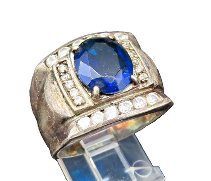 925 Sterling Silver Vintage Sapphire & Cubic Zirconia Ring Sz 10.5 RG25455