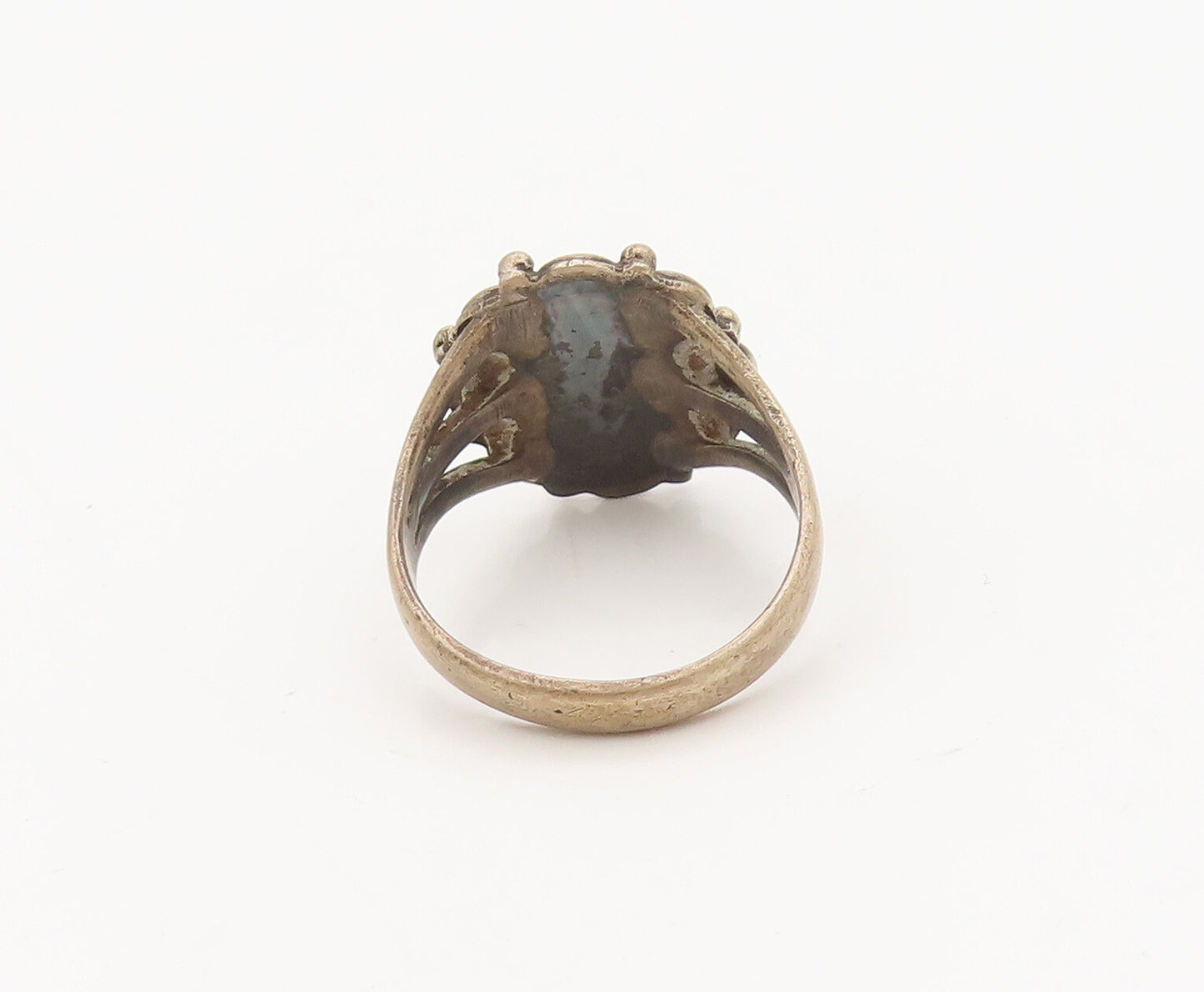 925 Silver  Vintage Turquoise Beaded Carved Flower Ring Sz 7.5  RG27227