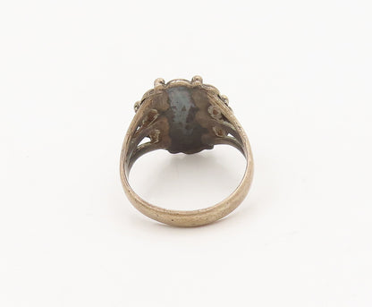 925 Silver  Vintage Turquoise Beaded Carved Flower Ring Sz 7.5  RG27227