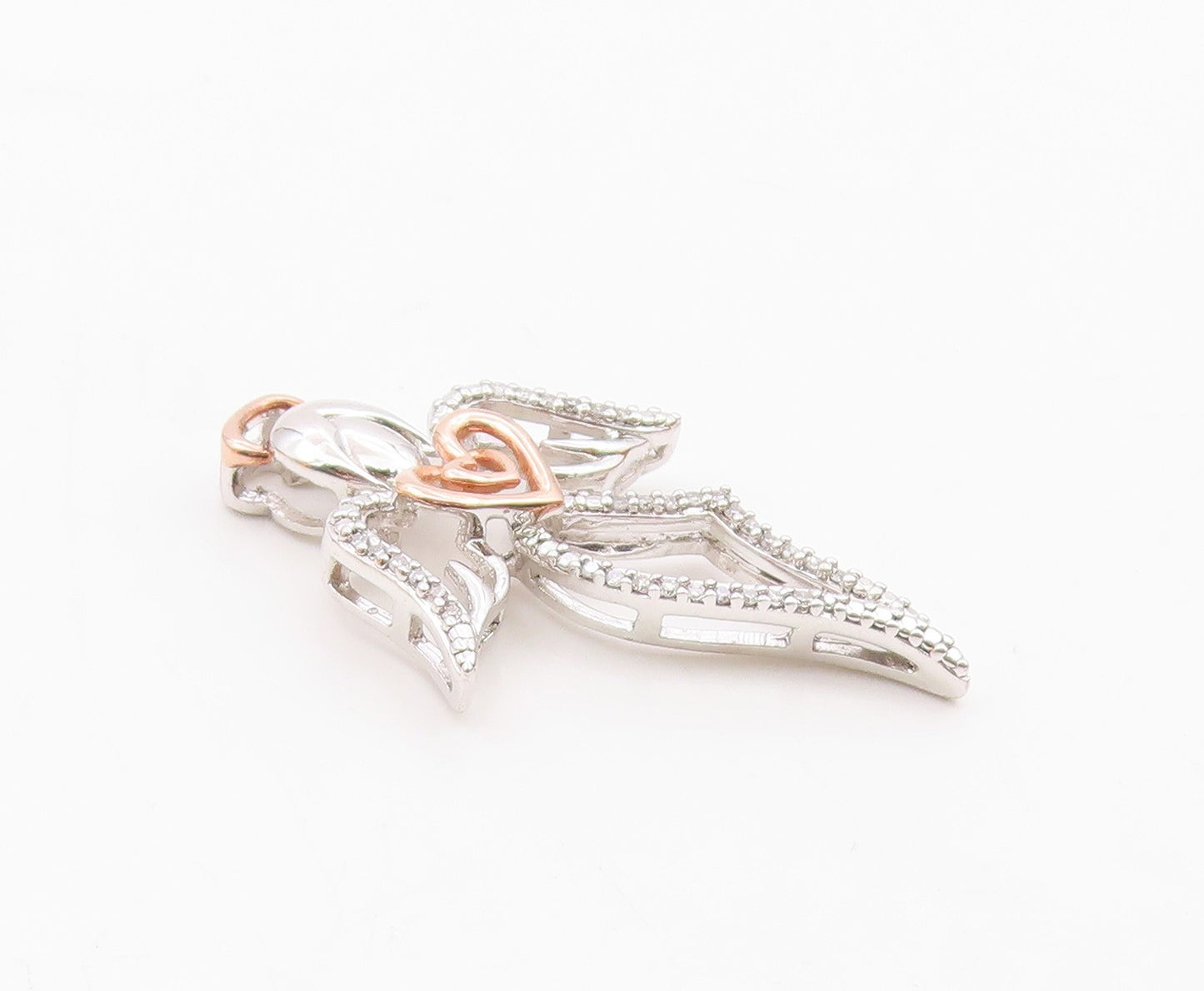 925 Silver  Vintage Two Tone Angel & Heart Genuine Diamonds Pendant  PT21904