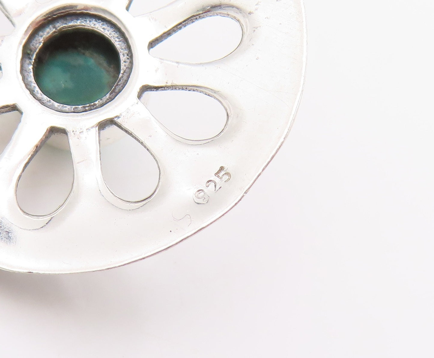 925 Sterling Silver Vintage Pendant Round Turquoise Floral Cutout Charm  PT25984