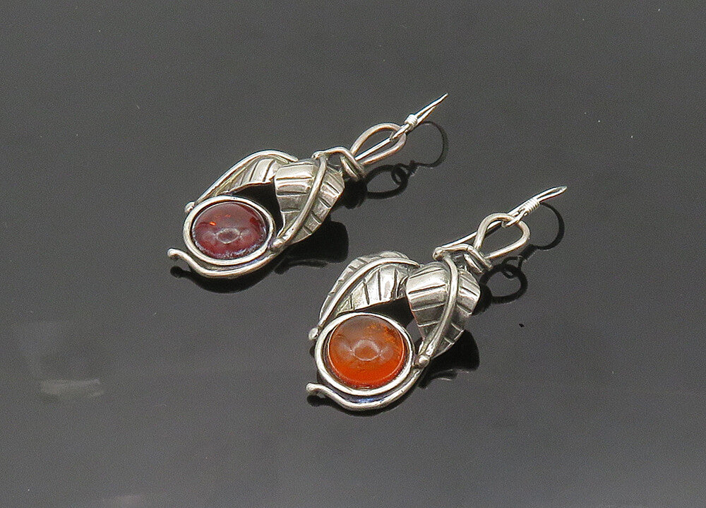 925 Sterling Silver  Vintage Cabochon Amber Floral Leaf Drop Earrings  EG9919