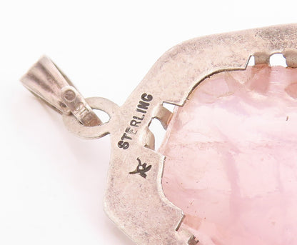 925 Sterling Silver Vintage Pendant Modernist Pink Rose Quartz Locket  PT25642