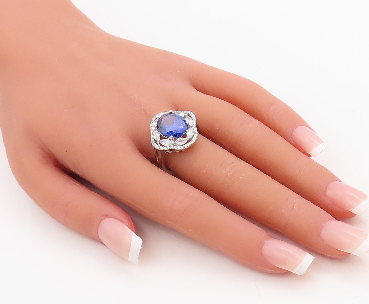 925 Sterling Silver Vintage Ring Oval Sapphire & CZ Floral Inlay Sz 7.5  RG30704