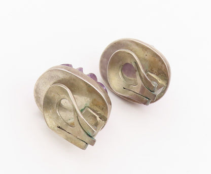 925 Sterling Silver Vintage Earrings Carved Amethyst Button Clip On  EG14131