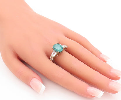 925 Sterling Silver Vintage Ring Oval Cut Emerald & Topaz Inlay  Sz 7  RG29210