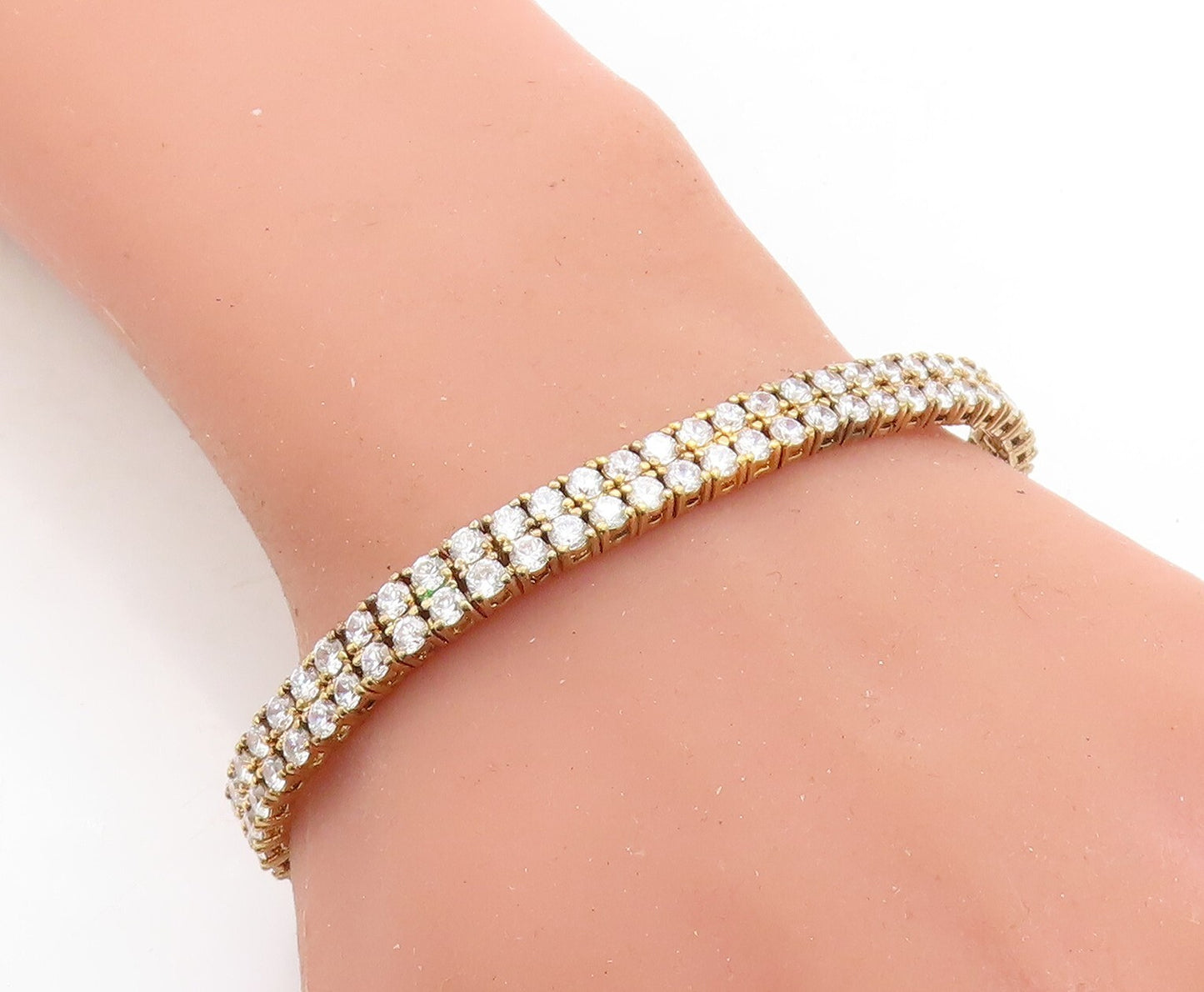 925 Sterling Silver  Cubic Zirconia 2 Row Gold Plated Tennis Bracelet  BT1719