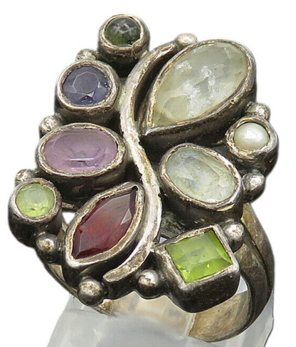 925 Silver Vintage Quartz Pearl & Multi Stone Cocktail Ring Sz 8 RG20341