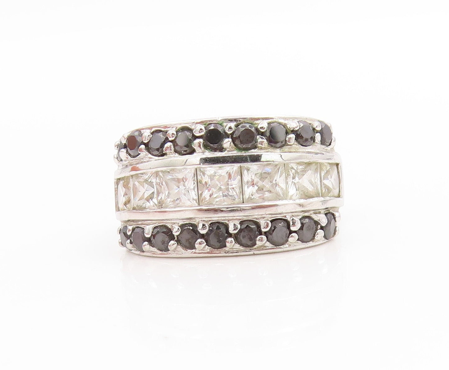 925 Sterling Silver Vintage Ring Triple Row CZ Statement Band  Sz 9  RG34040