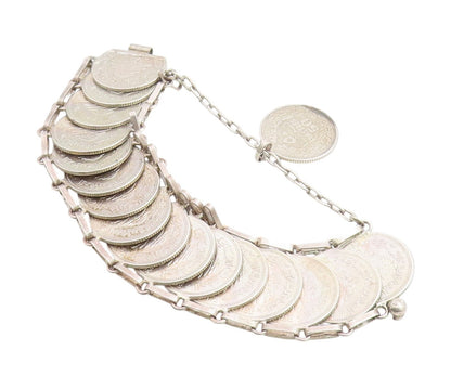 925 Sterling Silver Vintage Bracelet Lebanese Lira Coins Charm Chain  BT11420