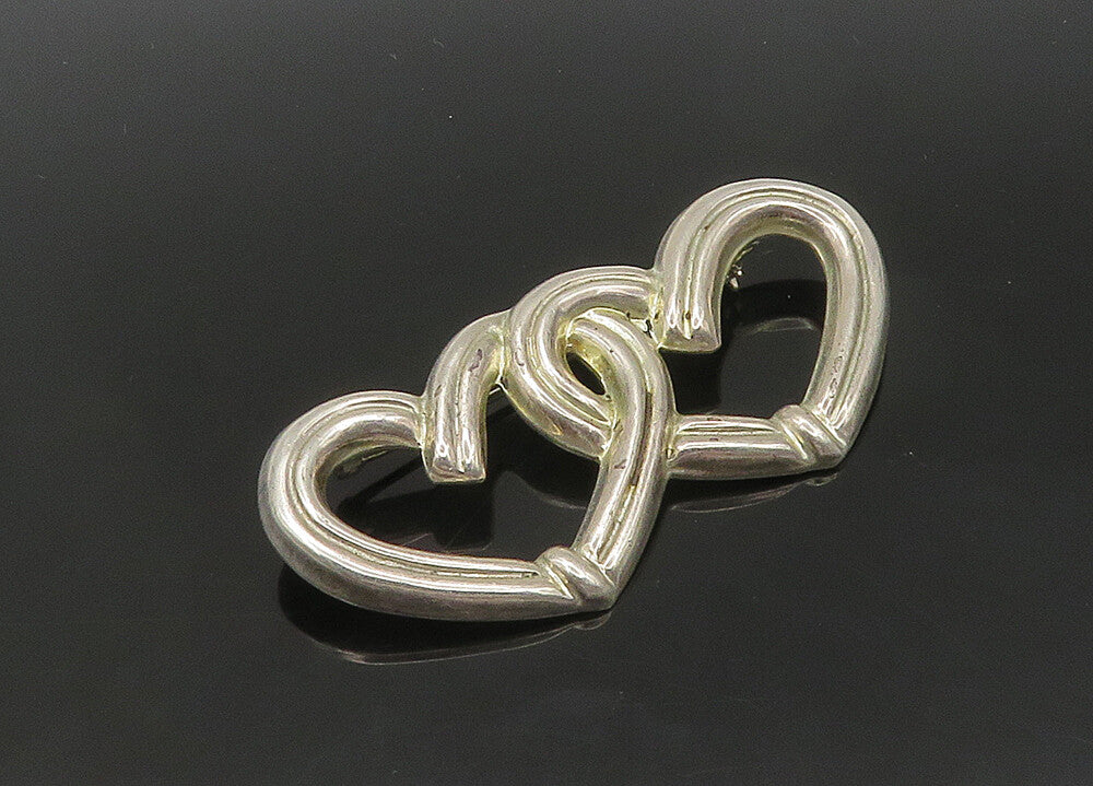 MEXICO 925 Sterling Silver  Vintage Double Open Love Hearts Brooch Pin  BP8313
