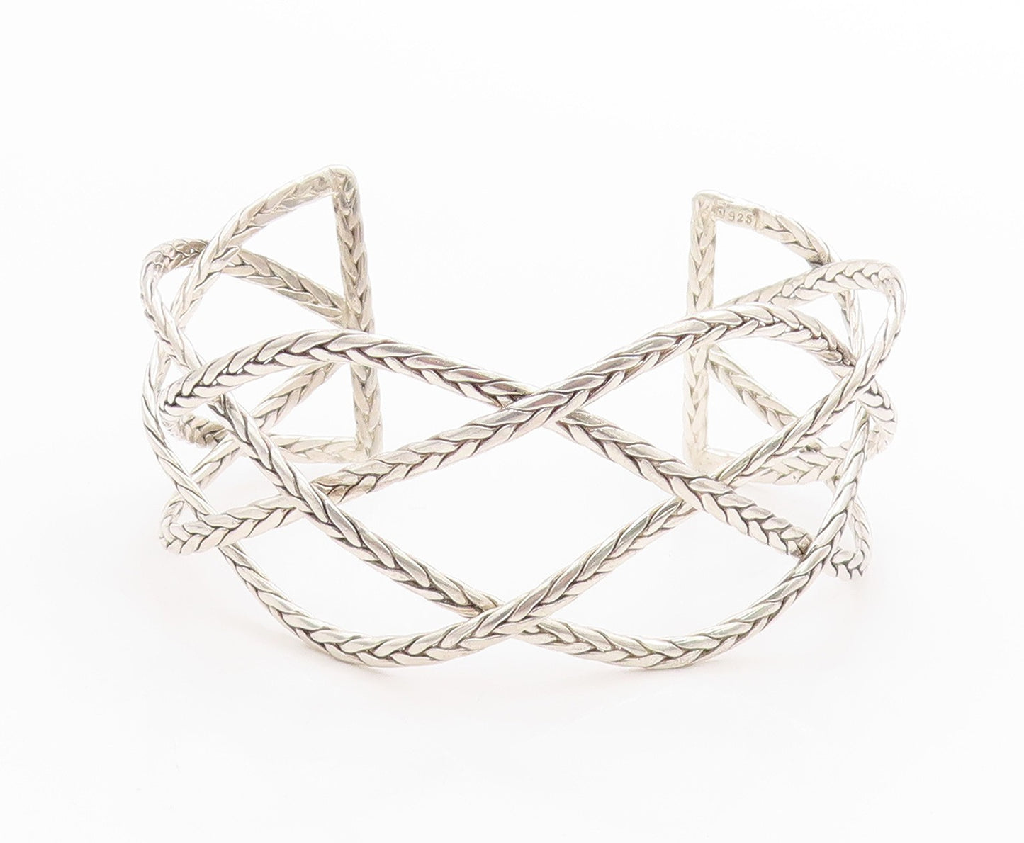 925 Sterling Silver Vintage Bracelet Cutout Breaded Ropes Woven Cuff  BT11357