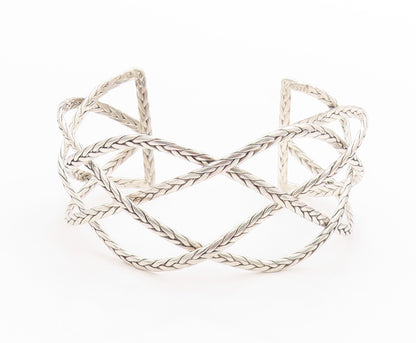 925 Sterling Silver Vintage Bracelet Cutout Breaded Ropes Woven Cuff  BT11357