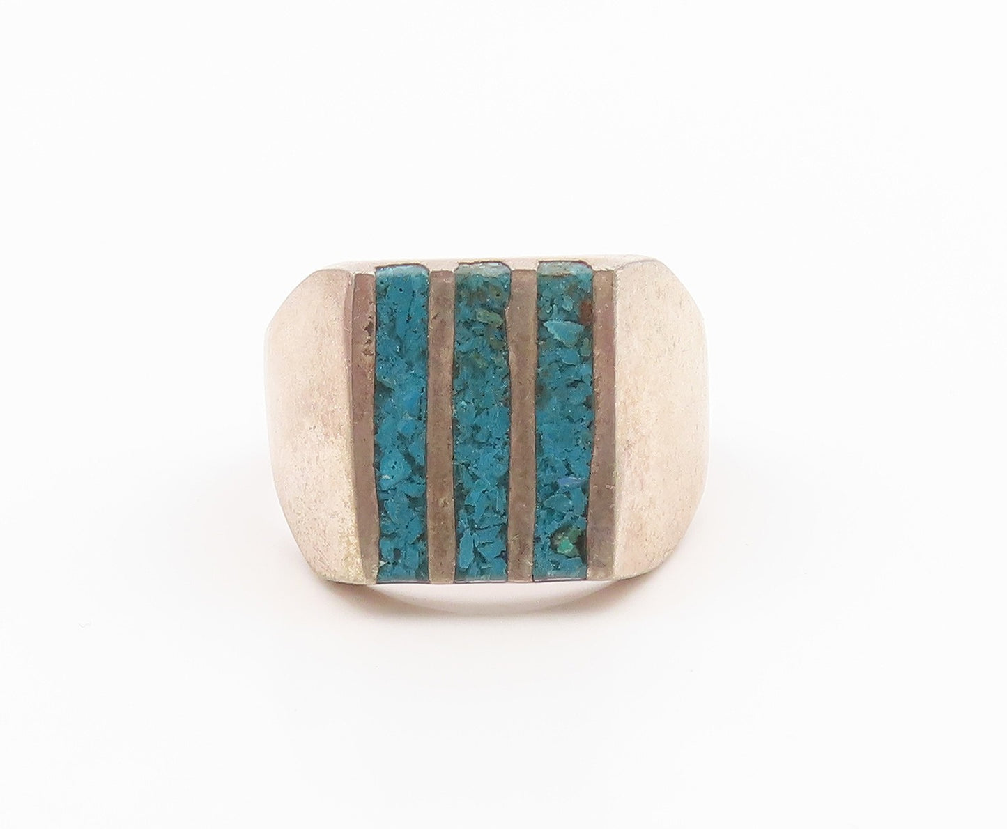 925 Sterling Silver Vintage Ring MEXICO Crushed Turquoise Inlay Sz 12.5 RG36261