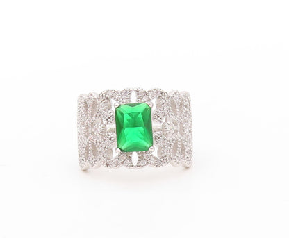 925 Sterling Silver Vintage Ring Designer Cutout White & Green CZ  Sz 7 RG30853
