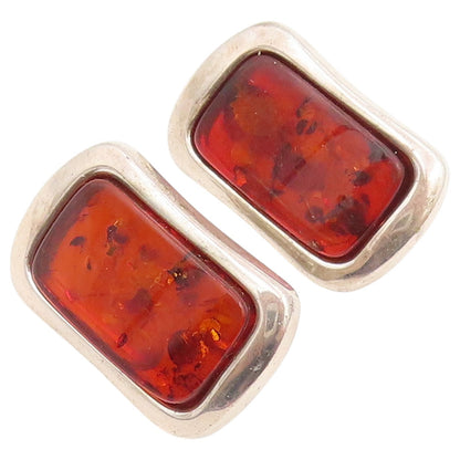 925 Sterling Silver Vintage Earrings POLAND Amber Geometric Omega Back  EG14451